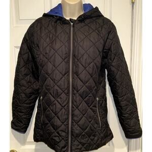 Lands End Black Quilted Primaloft Jacket Coat Hooded Sz L chic gorpcore preppy